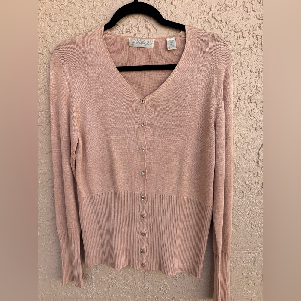 Lord & Taylor Soft Peach Silk Cardigan Sweater V-Neck Fine-Knit